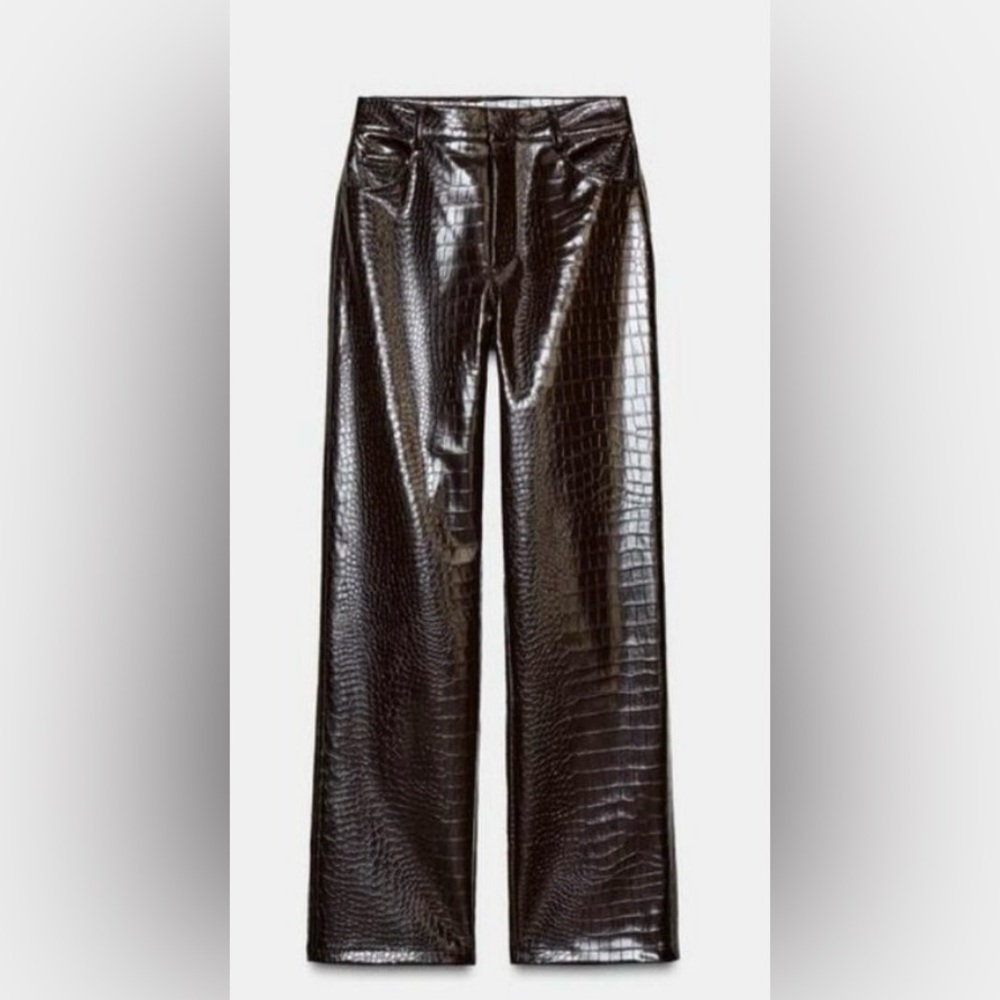 MANGO ANIMAL EMBOSSED BURGUNDY FAUX LEATHER PANTS SZ 10 Like NEW